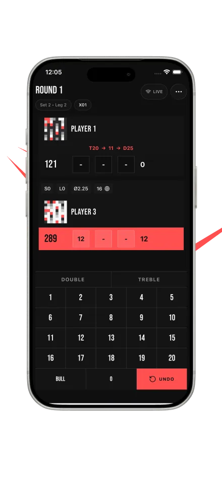 TOPS iPhone screenshot showing an X01 scoring screen with two players and the number pad.