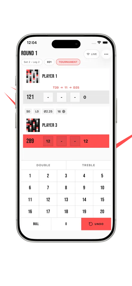 TOPS iPhone screenshot showing an X01 scoring screen with two players and the number pad.